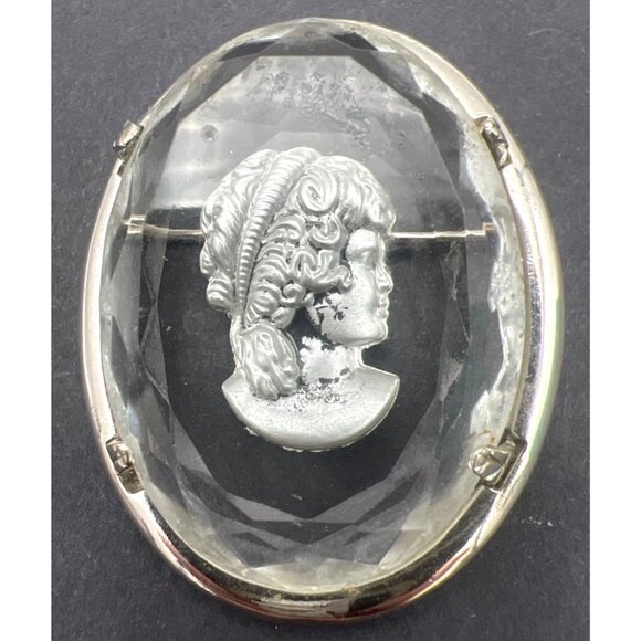Vintage Warner Cameo Brooch Pin Intaglio Faceted Glass Silver Tone Signed 2X1.5" - Picture 4 of 11